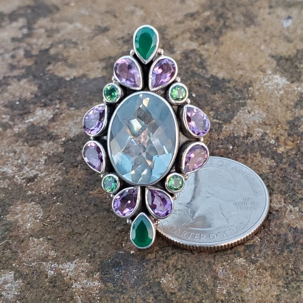 Nicky Butler Aqua Quartz Amethyst Chalcedony 925 Sterling Silver Size 10.5 Ring